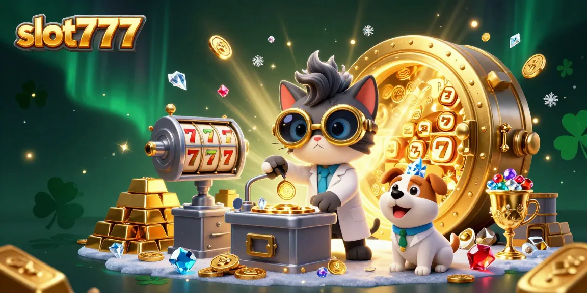 Slot777 menampilkan kucing ilmuwan gila dan anjing di lab, simbol slot dan harta karun yang melimpah.