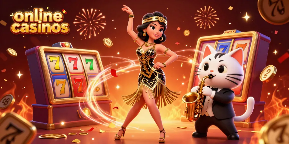 Experience vibrant online casinos with thrilling slot games, cheerful characters, and festive confetti.
