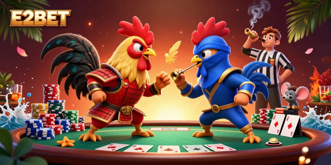 E2BET players witness an epic showdown as cartoon fighting roosters spar above a vibrant poker table, showcasing thrilling gambling action.