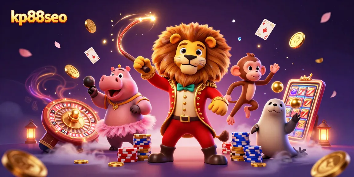 Experience thrilling gameplay with KP88SEO's vibrant 3D casino illustration, featuring lively characters amidst dynamic gaming elements.