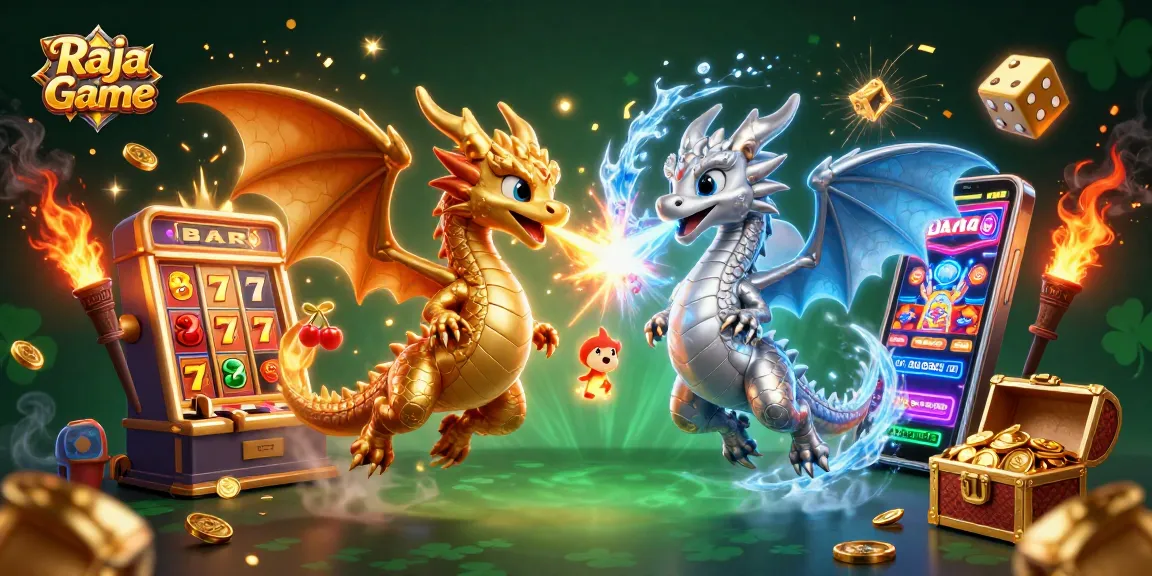 Experience thrilling wins on Raja Game with vibrant 3D dragons amidst dynamic casino elements.