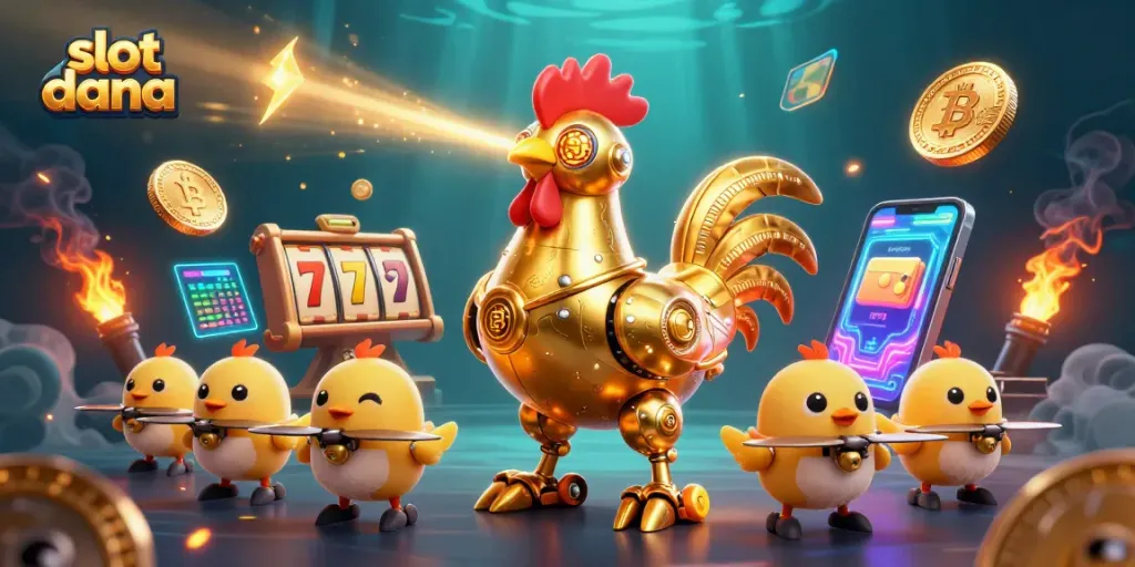 Pemenang jackpot di slot dana dengan simbol keberuntungan dan desain berwarna-warni.