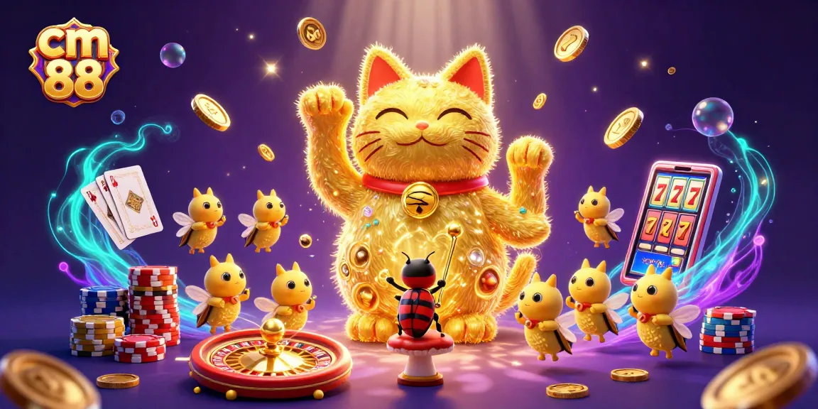 Win exciting games at cm 88 featuring a giant lucky cat, spinning roulette, and vibrant casino elements.