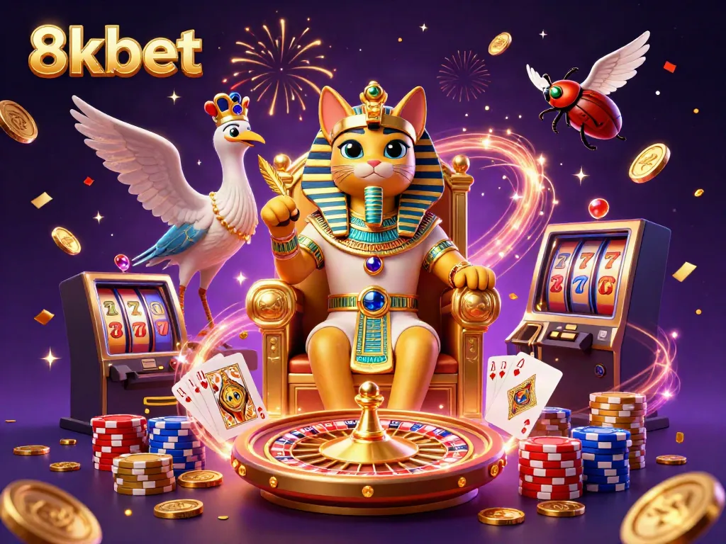 Experience the excitement of 8kbet with a vibrant grand casino scene featuring a pharaoh cat and dynamic elements.