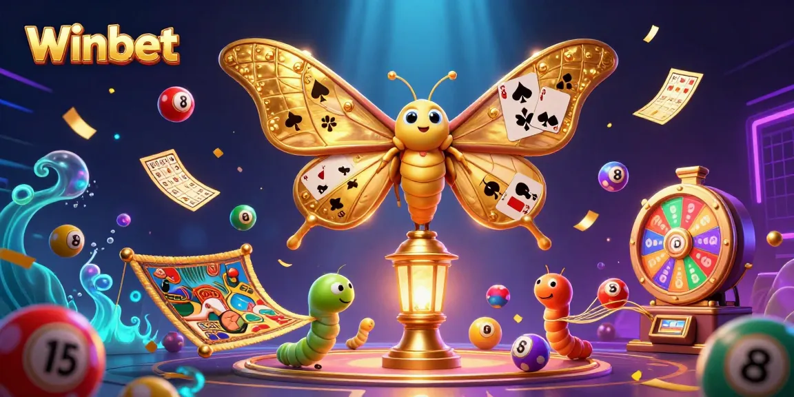 Winbet promotion featuring a vibrant 3D illustration with lottery themes and golden casino elements.