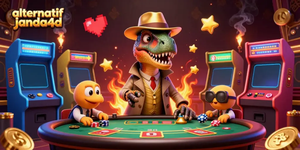 Mengungkap konsep alternatif janda4d dengan velociraptor dan stegosaurus di meja blackjack, di tengah suasana kasino digital.