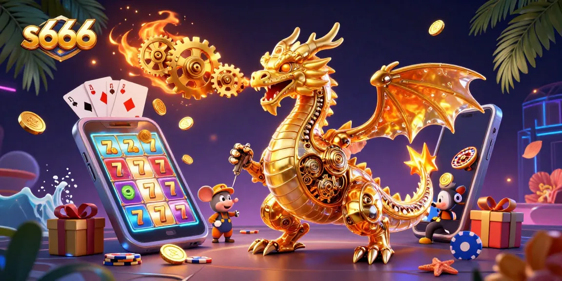 S666 dragon breathes gears in animated casino scene filled with slots and games.