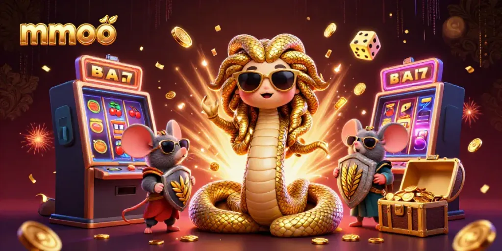 Experience the mmoo jackpot explosion with Medusa and a mouse in a vibrant casino setting.