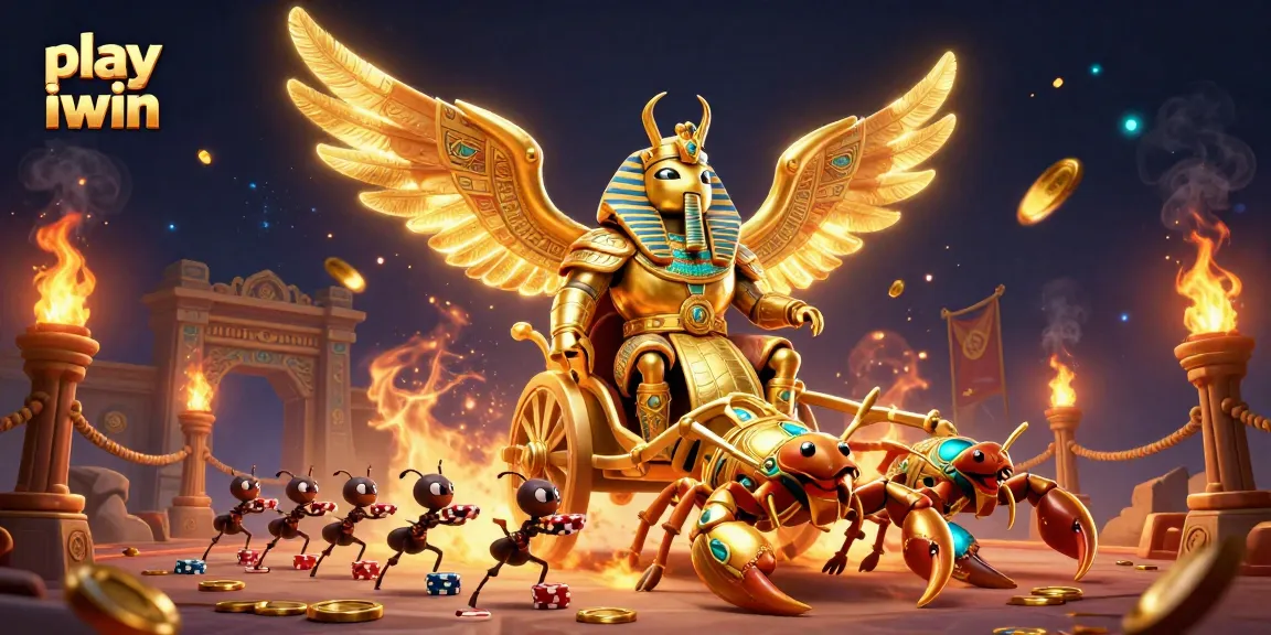 Play iwin with stunning visuals of a golden scarab beetle and scorpions in a vibrant casino world.