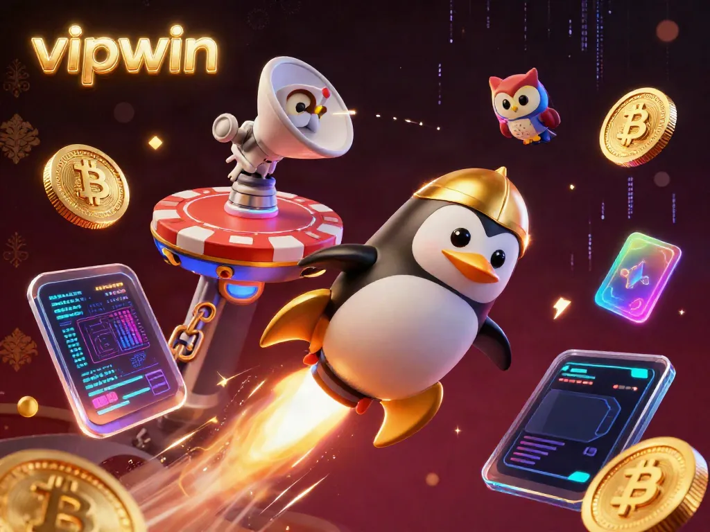 Engage in exciting vipwin gameplay with a penguin rocket, poker chip station, and crypto elements.