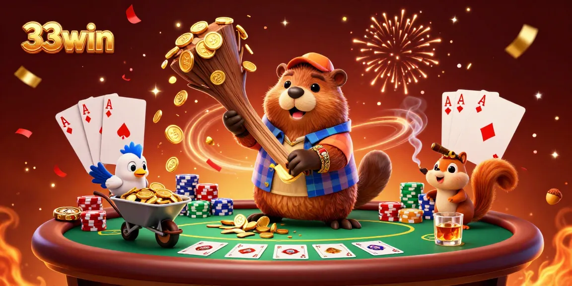 Engage with 33win's thrilling gaming experience as a beaver and friends celebrate winning coins.