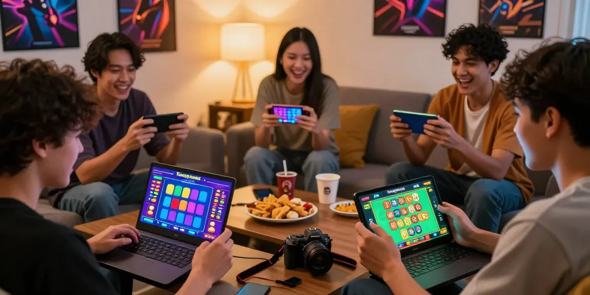 Exciting Tiranga Games scene with players engaged on mobile devices in a cozy living room.