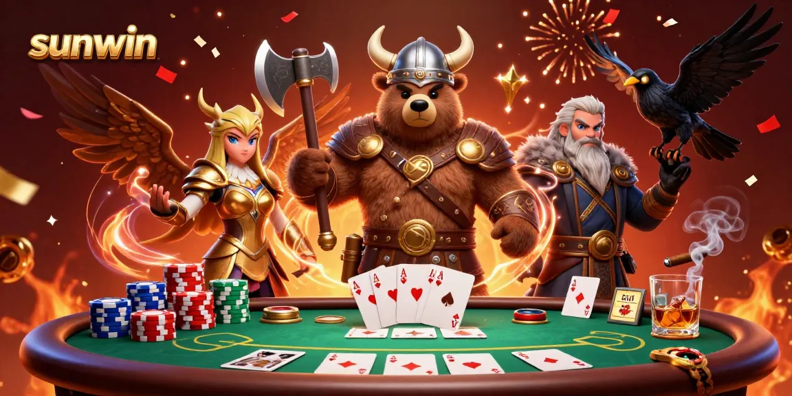 Engage with sunwin's thrilling poker action featuring a Viking bear and Valkyrie eagle amidst vibrant game elements.