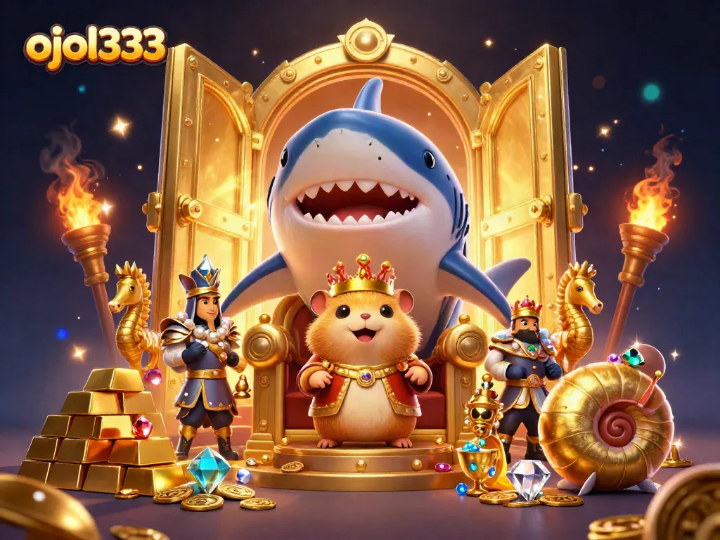 Engage with the thrilling ojol333 casino scene featuring a fierce hamster king and sparkling treasures.