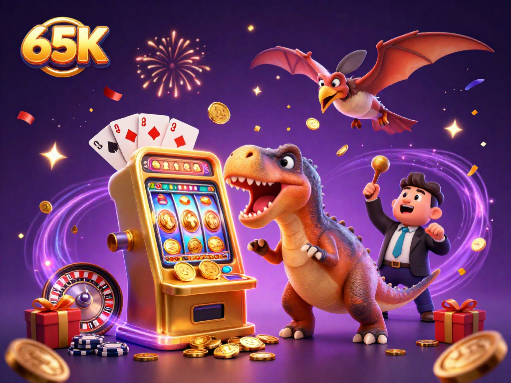 O 65K oferece um emocionante jogo com um pachycephalosaurus em ação, ao lado de um gerente de cassino atormentado e moedas douradas caindo.