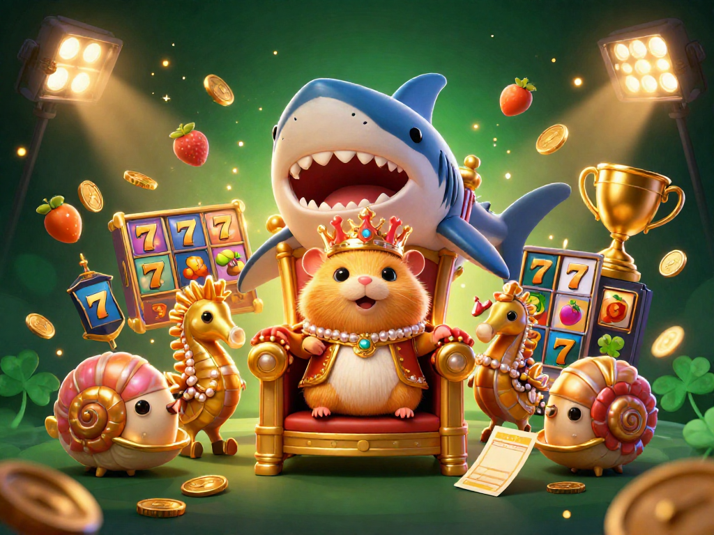 Spin the slot reels illustrated with a fierce hamster king and seahorse guards amidst glowing jackpot symbols.