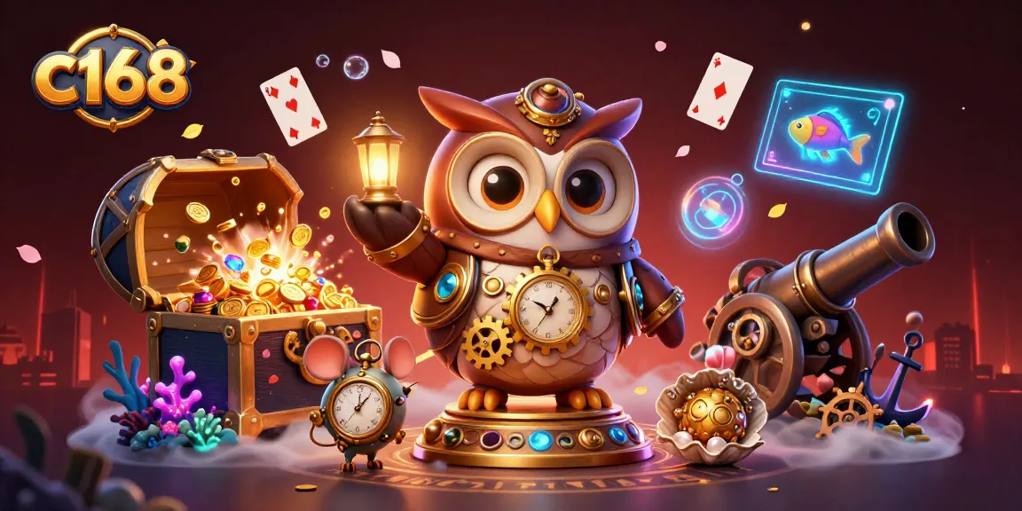 Experience thrilling gameplay with c168, featuring a steampunk owl in a vibrant casino world.