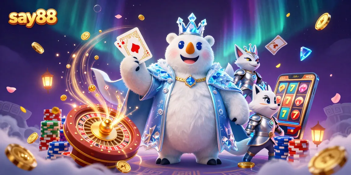 Experience the excitement of say88 with a vibrant 3D illustration of a polar bear and snow fox in a casino setting.