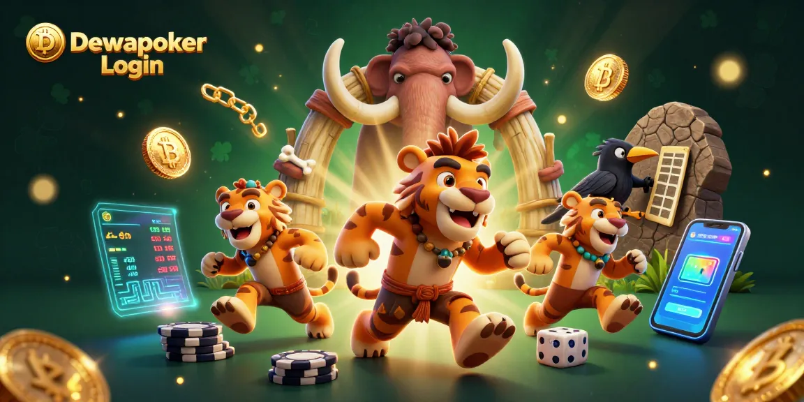Dewapoker Login in a vibrant casino with cartoon characters, showcasing poker chips and exciting game elements.