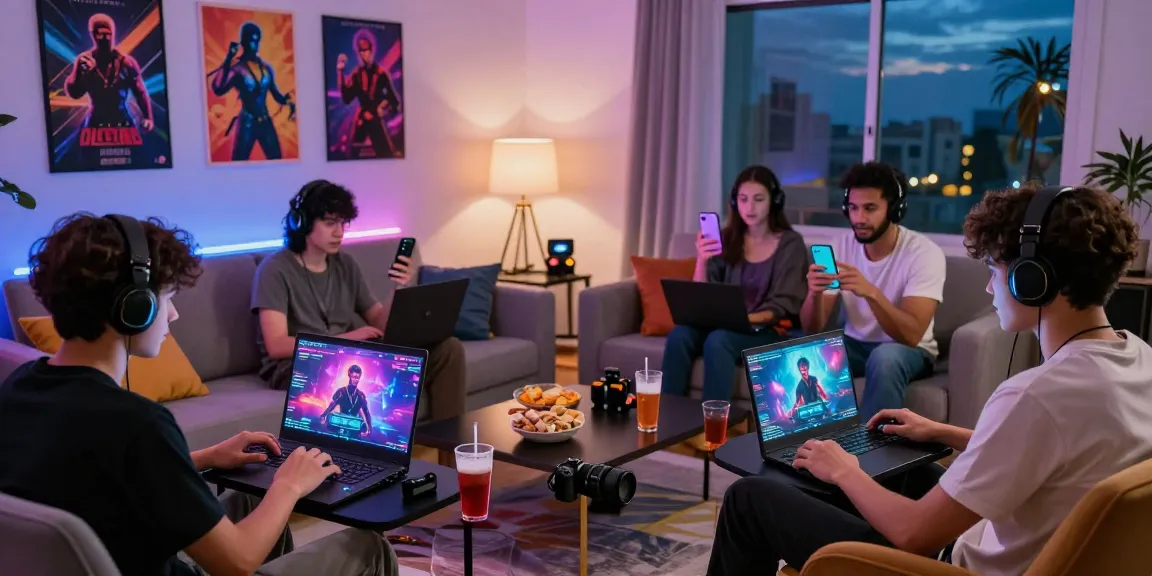 Engaging scene of players enjoying mind control porn games on various devices in a cozy living room setting.
