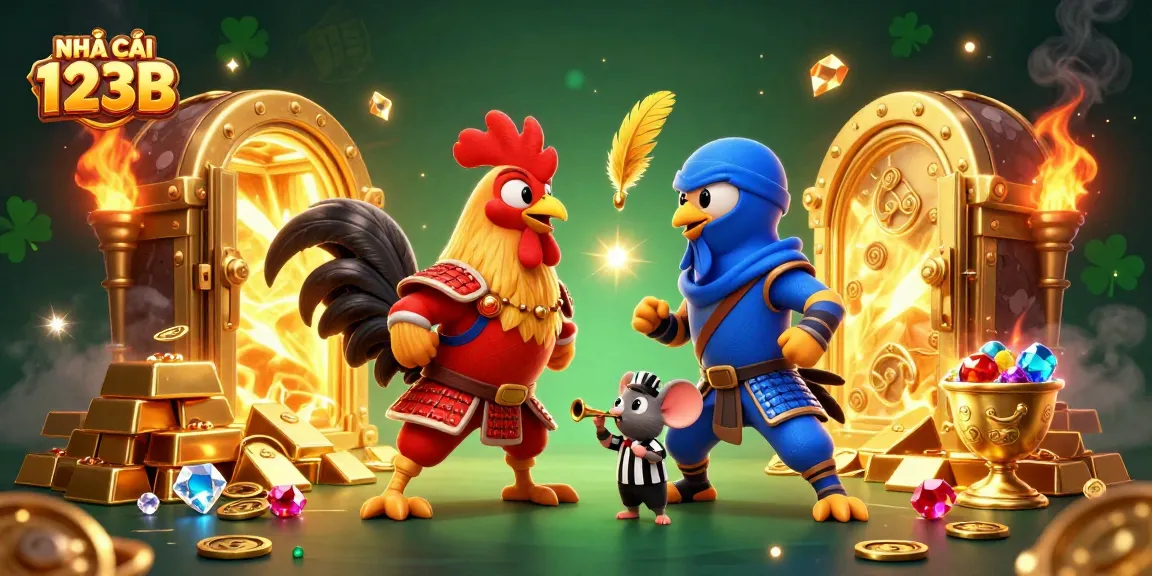 Experience the thrill at NHÀ CÁI 123B with a dynamic showdown between samurai and ninja roosters.