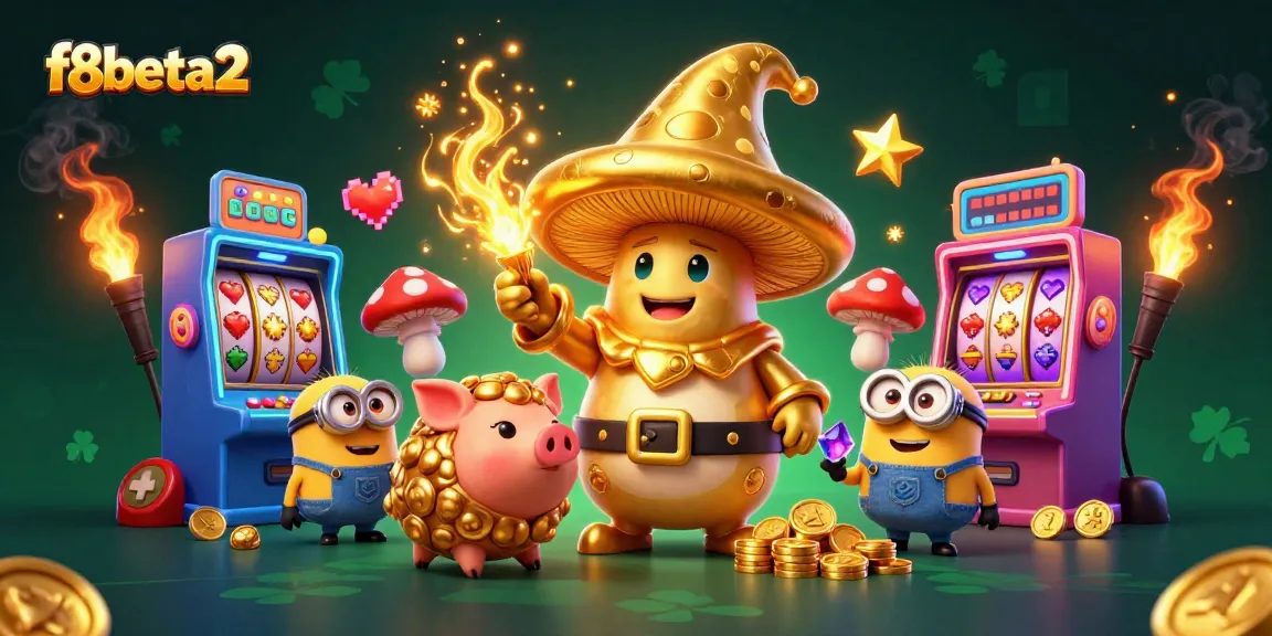 Experience f8beta2's enchanting world, where a golden wizard, truffle pig, and mushrooms welcome players to their gaming adventure.