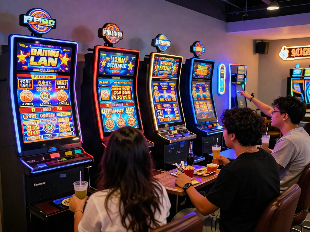 Friends enjoying slot gacor games in a lively gambling lounge filled with colorful machines.
