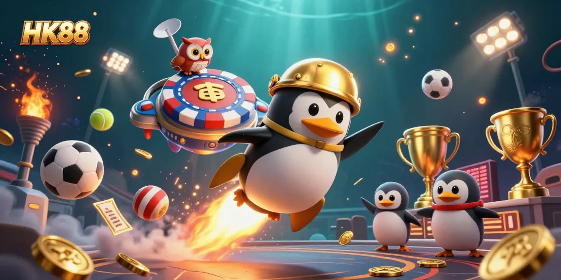 Experience thrilling adventures at HK88 Casino with a golden penguin racing towards a poker ship.