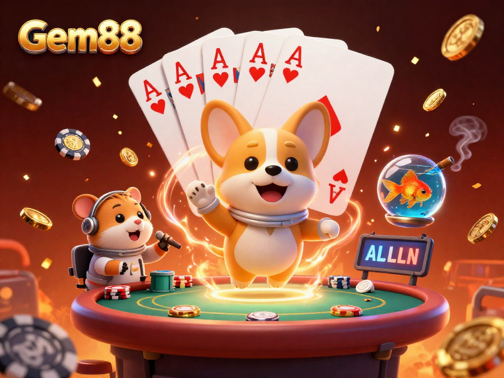 Engage in thrilling action at Gem88 with astronaut corgi, poker chips, and a mission-control hamster.