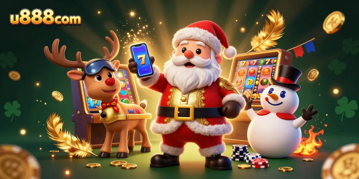Experience the excitement of u888com with Santa, engaged in a jackpot slot adventure amid vibrant casino decor.
