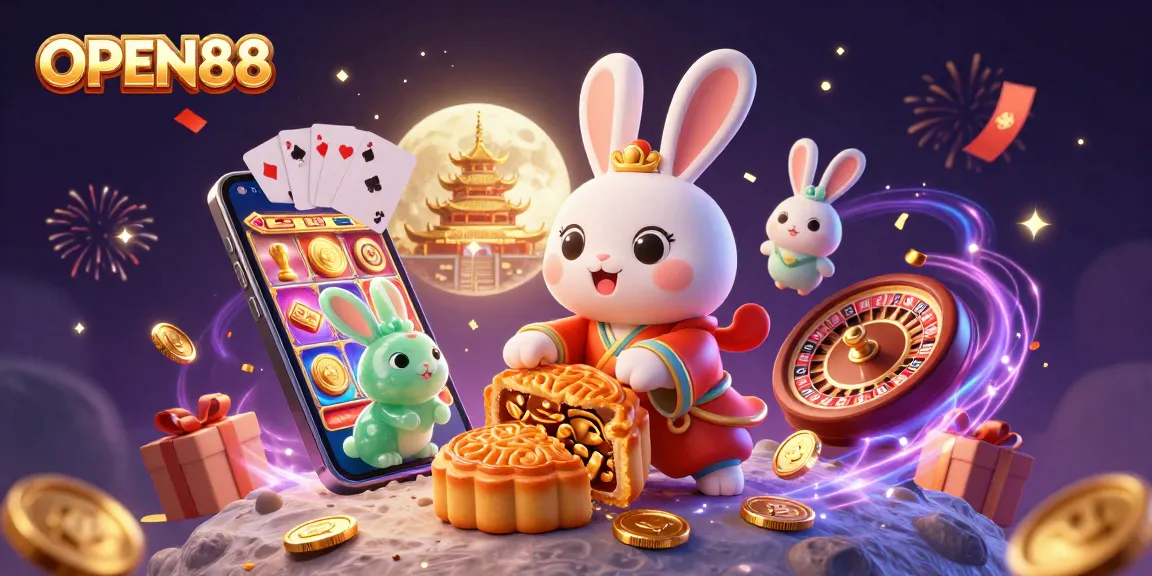 Experience thrilling gameplay with OPEN88 as the moon rabbit transforms mooncakes into poker chips amid a magical casino scene.