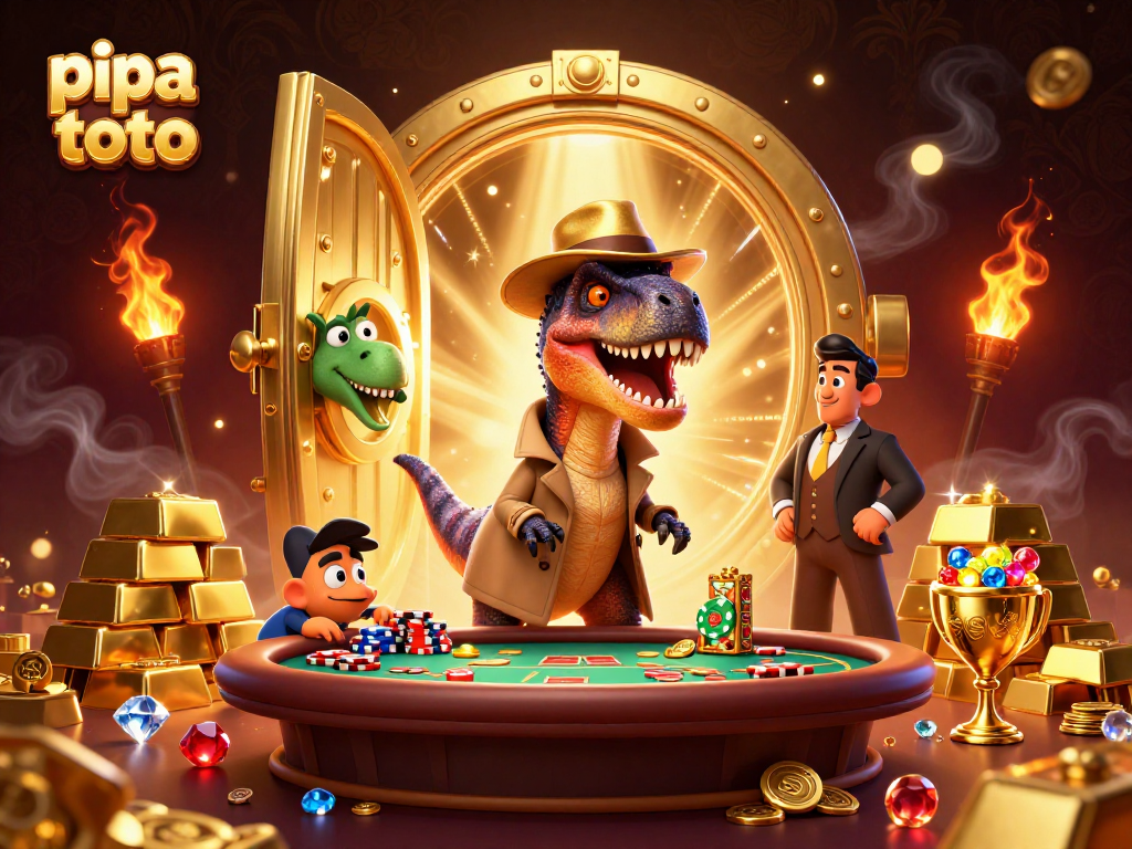 Pipa toto dynamic casino scene featuring a velociraptor card counter and treasure effects.