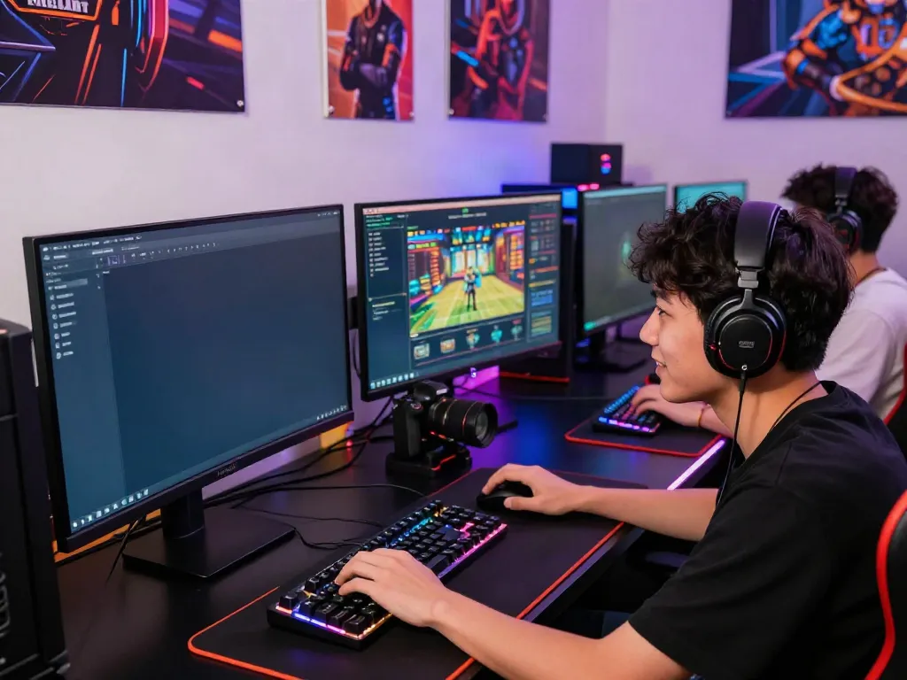 Player engaging with slot server thailand on vibrant gaming setup with colorful screens.