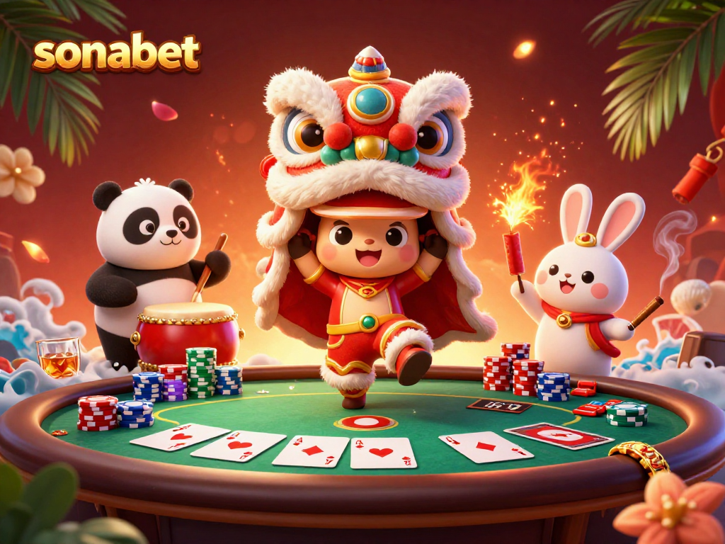 Join the fun at sonabet with a vibrant lion dance scene featuring poker and festive elements.