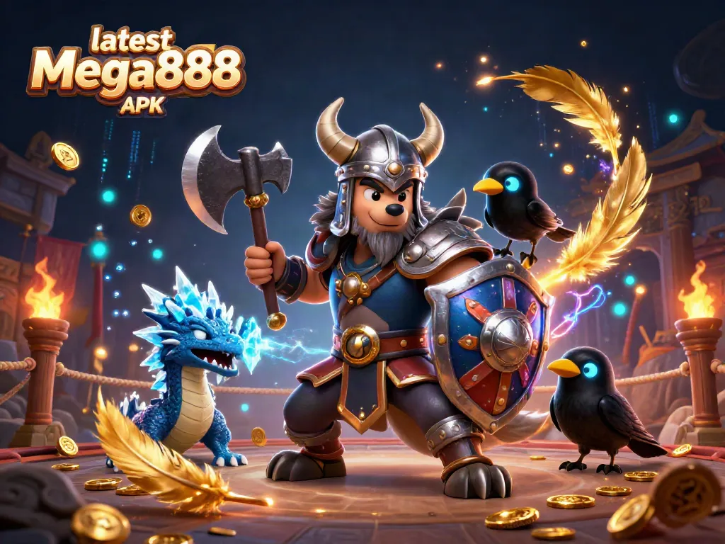 Experience the excitement of the latest Mega888 APK with dynamic casino-themed characters and design elements.
