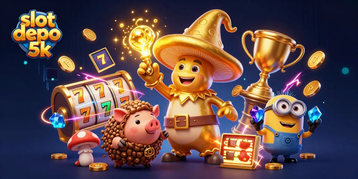 Spin to win with slot depo 5k featuring a magical golden mushroom wizard and treasure-filled gameplay.