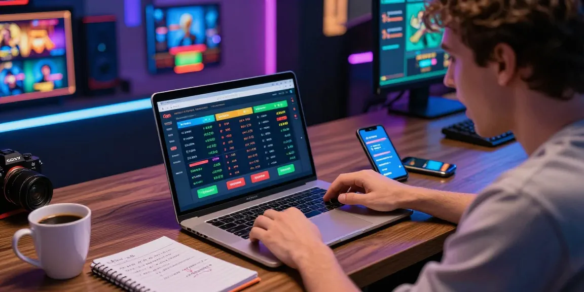 Engaged player analyzing Grandbetting options on a laptop, vibrant gaming atmosphere, strategy notes on desk.