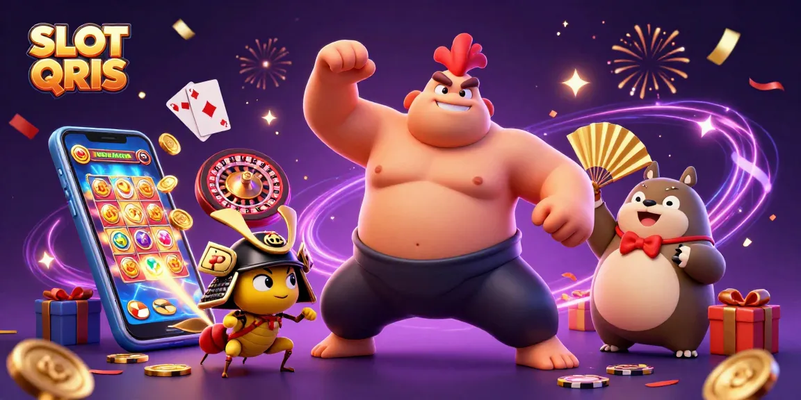 Experience the excitement of SLOT QRIS with animated characters and vibrant casino elements bursting with energy.