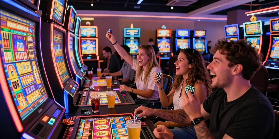 Suasana bermain toto slot dengan teman-teman di kasino modern, menambah keseruan memenangkan jackpot.