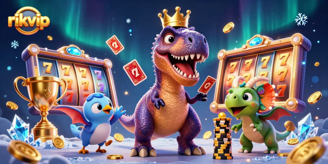 Experience thrilling gameplay at rikvip with a T-Rex shuffling cards and a baby triceratops stacking chips.