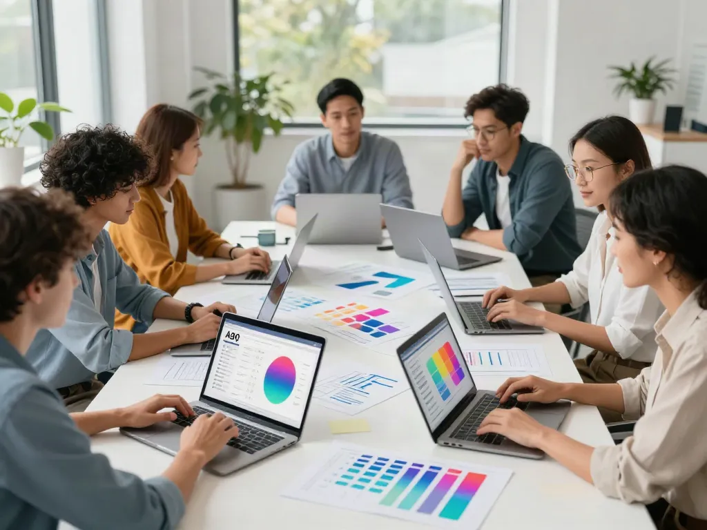 A lively digital marketing team analyzing A80 homepage performance metrics in a modern workspace.