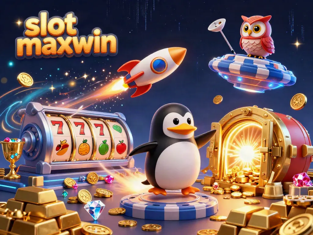 Slot maxwin menampilkan penguin emas bertenaga roket di luar angkasa, dikelilingi harta karun kasino.