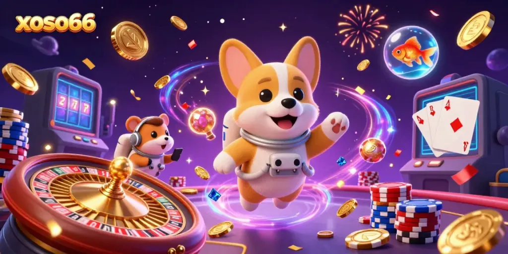 Experience the thrill of xoso66 with playful characters amidst a colorful casino atmosphere.