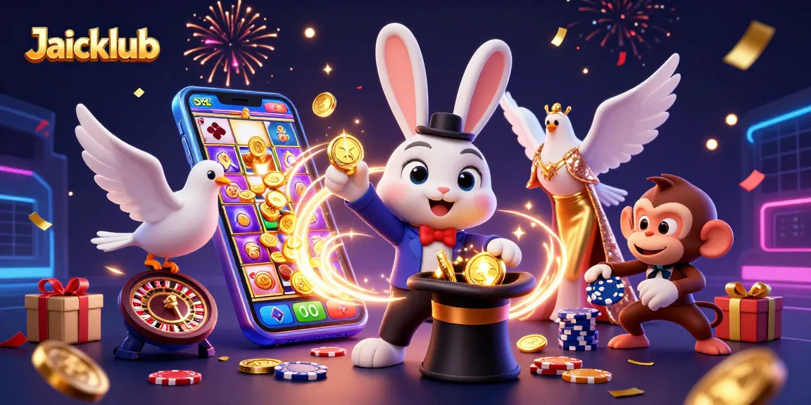 Play thrilling games on Jaiclub with a vibrant illustration of casino magic, coins, and rewards.