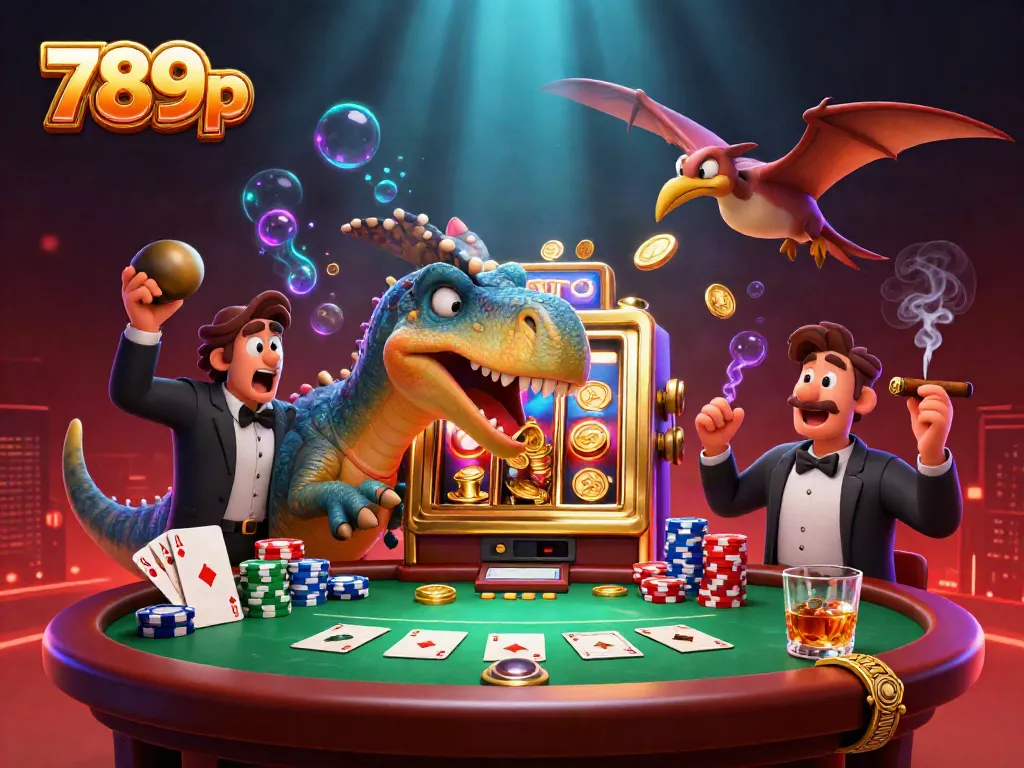 Engaging 3D casino scene with a pachycephalosaurus winning jackpot coins at 789p while a casino manager panics.