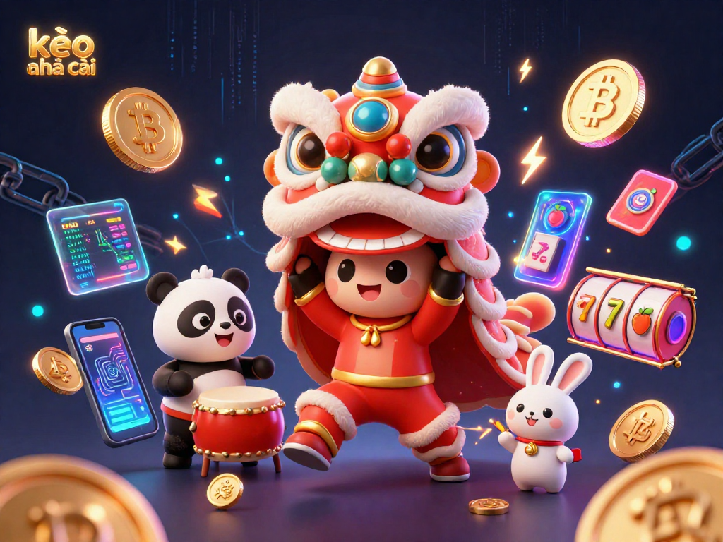 Engage in kèo nhà cái action with a vibrant 3D scene of a lion dance and crypto elements.