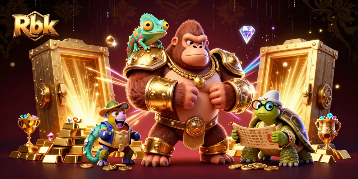Rbk showcases a powerful gorilla king and colorful chameleon in a vibrant casino scene filled with treasures and energy.