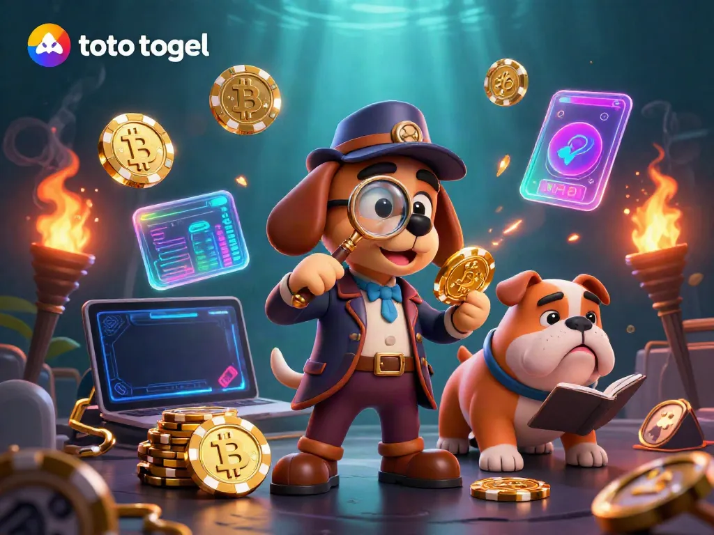 Engage in thrilling toto togel gameplay with a cartoon detective uncovering clues amidst vibrant crypto elements.