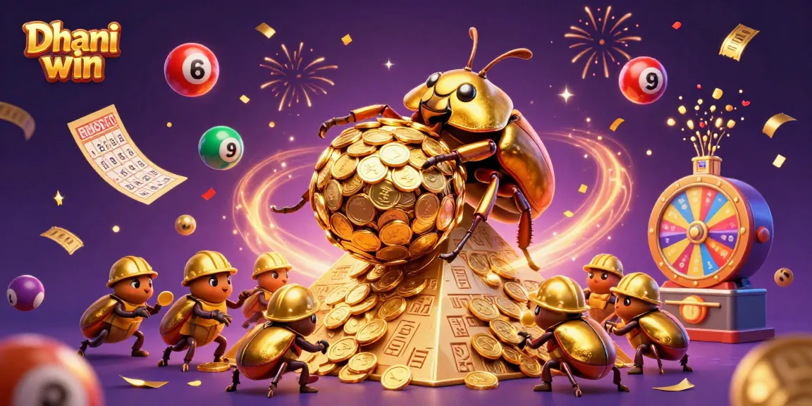 Dhani win offers thrilling gaming adventures with a dynamic illustration showcasing golden beetles and bouncing lottery balls.