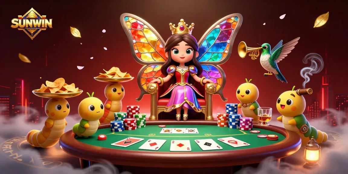 SUNWIN reveals an enchanting 3D scene with a butterfly queen presiding over a thrilling poker game.